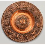 Horoszkópos réz falitál, jelzés nélkül, d: 19 cm