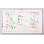 Kézzel hímzett gyermek falvédő, "Repülj repülj hétpettyes katica-bogárka, Ennek a szép kislánynak hófehér vállára...