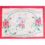 Kézzel hímzett konyhai falvédő, "Mért nem vagy rózsaszál, hogy letörhetnélek, Lángoló szivemhez, boldogság jelének!...