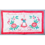 Kézzel hímzett gyermek falvédő, "Mindhiába vártam, ősz is lett azóta, Elhervadt már régen a pünkösdi rózsa" felirattal...