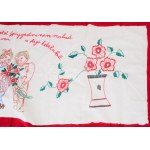 Kézzel hímzett nagyméretű konyhai falvédő, "Küzdelem az élet, csüggedni nem szabad, vérző szíve is van...