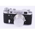 Fed-2 fényképezőgép, Indusztar 1: 2,8 f: 5 objektívvel, bőr tokkal, eredeti papír dobozában