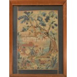 Üvegezett fa képkeret, benne vadászjelenetes gobleinnel, 49x36 cm