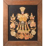 Régi fa képkeret, laza, benne hímzés, 53x46 cm