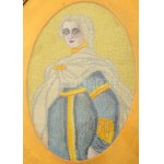 Antik aranyozott fa képkeret, régi gobelinnel. Külső méret 40x33 cm