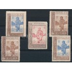 1908 5 db klf Segítsetek" segélybélyeg, szín-, fogazat- és nyomás változatok