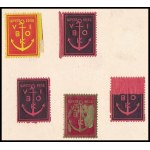 1935 Újpest 5 db levélzáró, közte színpróbák is