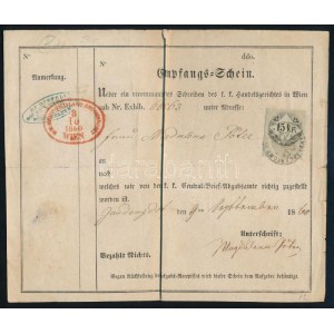 1860 Bécs (Wien), német nyelvű nyugta (Empfangsschein) 15kr okmánybélyeggel, pecsétekkel