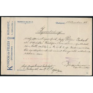 1918 Bp., Kondor és Feledi építőmesterek által kiállított igazolás Puljer Jakab részére, aki ,,a cs. és k. 2. sz...