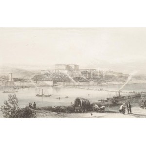 Buda acélmetszetű látképe a hajóhíddal. cca 1840 Th. Ender - Radclieffe: Ofen, acélmetszet, jelzett a metszeten...
