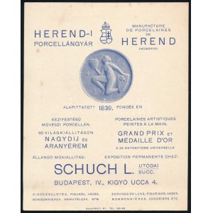 cca 1925 Herendi Porcelángyár kétoldalas reklámlap, többnyelvű (magyar, francia, német, angol)...