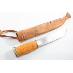 J. Marttini vadásztőr, mintázott pengével, bőr tokban, h: 27 cm