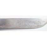 J. Marttini vadásztőr, mintázott pengével, bőr tokban, h: 27 cm