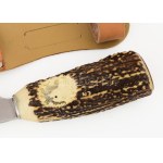 Tramontina kés, faragott agancs nyéllel, dobozában, h: 26 cm