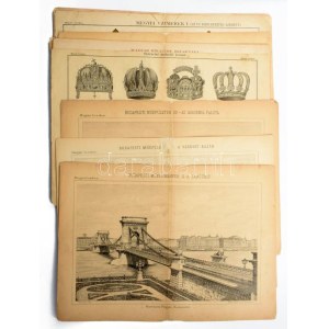 cca 1880 A Magyar Lexikon illusztrációi (budapesti épületek, uralkodói koronák, pecsétek, pénzek, címerek, stb.)...