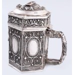 Cödaka / Tzedakah adománygyűjtő persely. Filigrán ezüst (Ag) 925 finomság. Oroszország XX. sz, jelzett, 598 h, m...