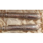 Ezüst (Ag) nyelű salátakínáló szett, dobozában, jelzés nélkül, h: 28,5 cm