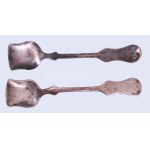 2 darab ezüst (Ag) fűszerkínáló kanalakkal, jelzett, kissé sérült üveg betétekkel, nettó 61...