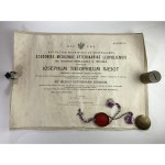Diploma with the seal of the Lviv Academy of Veterinary Medicine for Jozef Teofil Weigt with the signatures of Bronislaw Janowski, Alfred Trawinski, Alexander Zakrzewski. 1931 UNIQUE!