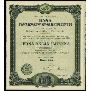 Bank Towarzystw Spółdzielczych S.A., akcja imienna na 500 złotych, 1929, Warszawa