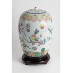 Porcelain ginger jar painted with polychrome enamels and decorated with literary objects, Porcelain ginger jar painted with polychrome enamels and decorated with literary objects