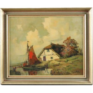 Rudolf Priebe, Voilier devant une cabane de pêcheur, première moitié du XXe siècle.