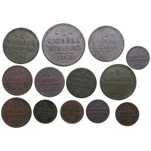 Group of coins: Russia 3, 2, 1 & 1/2 Kopecks 1840-1842 (13)