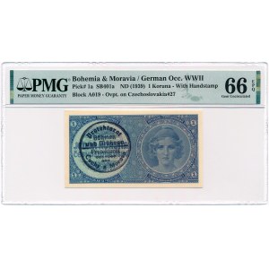 Bohemia &amp; Moravia - 1 Koruna ND/1939 * P1a * hand stamp * PMG 66 EPQ.
