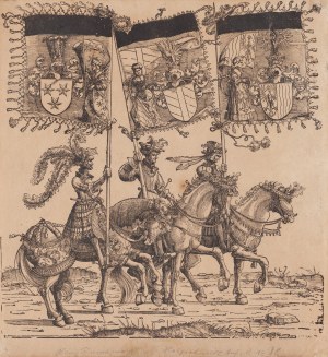 Hans Burgkmair (1473 Augsburg - 1531 ), Chorążowie ze sztandarami ziem na północ od rzeki Enns, Burgau oraz Cilley z cyklu Triumf cesarza Maksymiliana I, XVII/XVIII w.