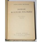 [sygnowana oprawa Helena Karpińska] BRUCKNER Aleksander - Dzieje kultury polskiej, 1-4 komplet. Wydanie 1. Kraków 1931-1946.