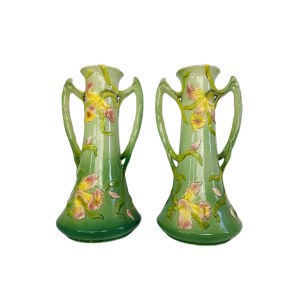 French Art Nouveau Pair of Ceramic Vases | Amphora Lily Relief, Signed, c.1900