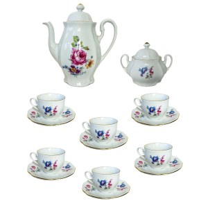 Porcelain Coffee/Tea Set - Dubí Czechoslovakia, White Glaze with Floral Decoration | 6 Cups &amp; Saucers, Sugar Bowl &amp; Teapot