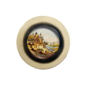 Large Hand-Painted Decorative Plate with European Architecture | Antique Wall Plate, 35 cm