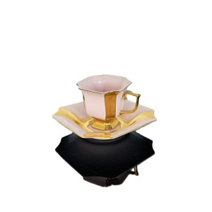 Tasse et soucoupe Mokka de style Empire | Haas &amp; Czjzek, Porcelaine de Chodov, Porcelaine tchèque rose avec or 24k