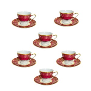 Set of 6 Porcelain Cups &amp; Saucers, Red &amp; White Glaze with Gilding, Floral Decor | Stará Role, Czechoslovakia