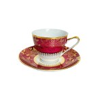 Set of 6 Porcelain Cups &amp; Saucers, Red &amp; White Glaze with Gilding, Floral Decor | Stará Role, Czechoslovakia
