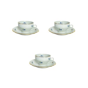 MSB Christmas, Porcelain Cup &amp; Saucer Set with Floral Motif and Gold Line Decoration - 3 Cups &amp; 3 Saucers