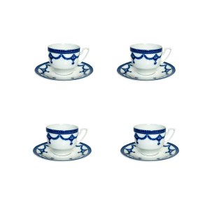 Pirkenhammer Czechoslovakia - Vintage Blue Printed Porcelain Cups &amp; Saucers | 8 Pieces