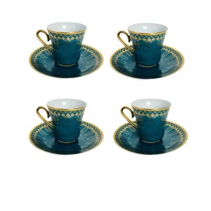 Handmade Porcelain Cup &amp; Saucer with Green Glaze and 24k Gold Decoration - 8 Pieces, Czechoslovakia 1960s-1970s