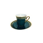 Handmade Porcelain Cup &amp; Saucer with Green Glaze and 24k Gold Decoration - 8 Pieces, Czechoslovakia 1960s-1970s
