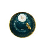 Handmade Porcelain Cup &amp; Saucer with Green Glaze and 24k Gold Decoration - 8 Pieces, Czechoslovakia 1960s-1970s