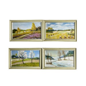 Set of 4 Oil Paintings on Hardboard Four Seasons | Spring, Summer, Autumn, Winter | Czechoslovakia 1960s