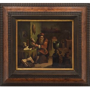 Alchymista v laboratoři HOLENDER PAINTING 19. století.