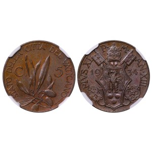 Vatican City, 5 Centesimi, 1934 year, NGC, MS 62 BN, Top PoP