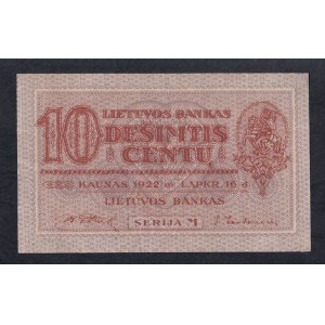 Lithuania, 10 Centu, 1922, XF-VF