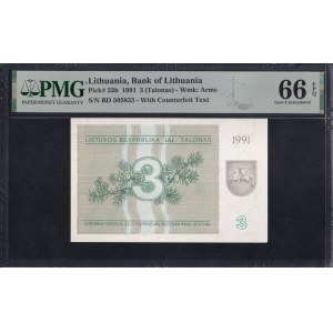 Lithuania, 3 Talonas, 1991, Gem UNC 66 EPQ