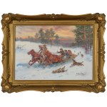 Mieczyslaw KRZYŻAK (1914-1984), "Attack of wolves on a speeding sleigh".