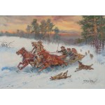 Mieczyslaw KRZYŻAK (1914-1984), "Attack of wolves on a speeding sleigh".