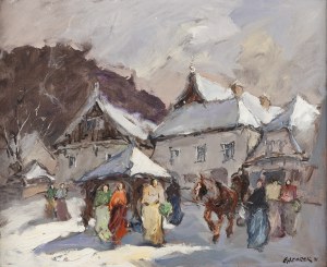 Stanisław Łazorek (1938 Aksmanice - 2000 Kazimierz Dolny), Rynek w Kazimierzu zimą, 1991