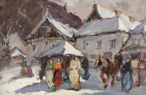 Stanisław Łazorek (1938 Aksmanice - 2000 Kazimierz Dolny), Rynek w Kazimierzu zimą, 1991